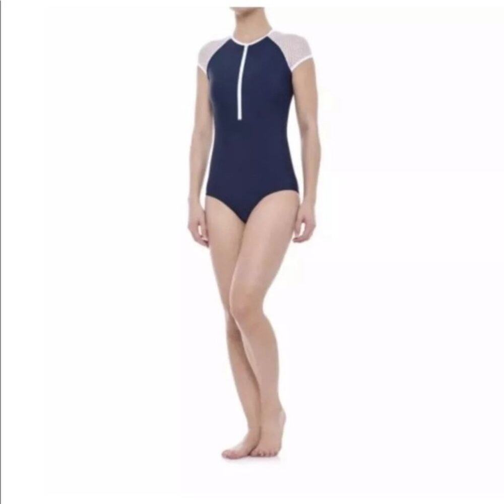 Sia Swim 1/2 zip mesh shoulder one piece swimsuit sz 8